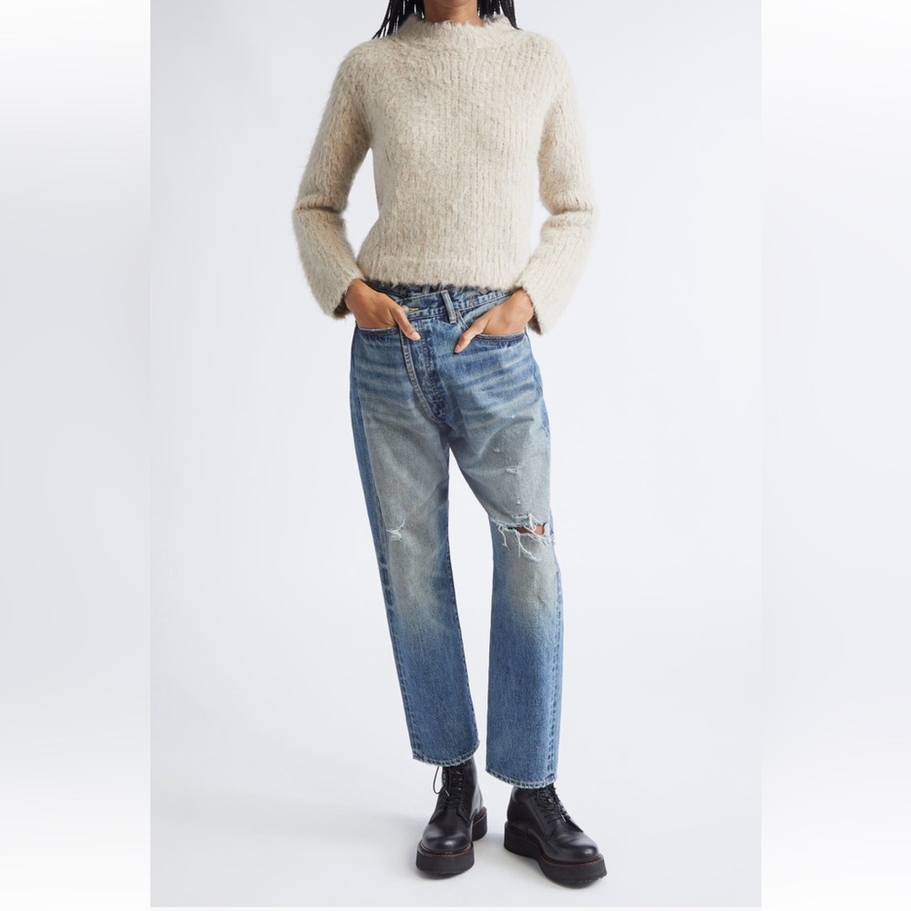 R13 Women's Straight Leg Distressed Jeans in Light Blue Wash - Picture 2 of 14